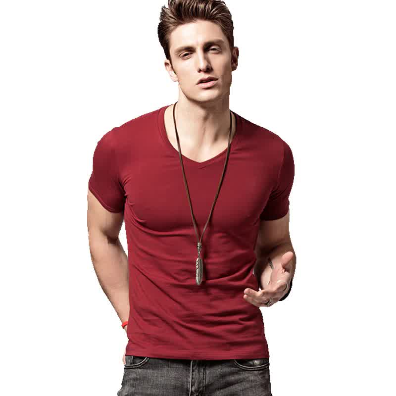 Tight cultivate one's morality t-shirts v-neck collar pure color T-shirt man Render vest male v-neck