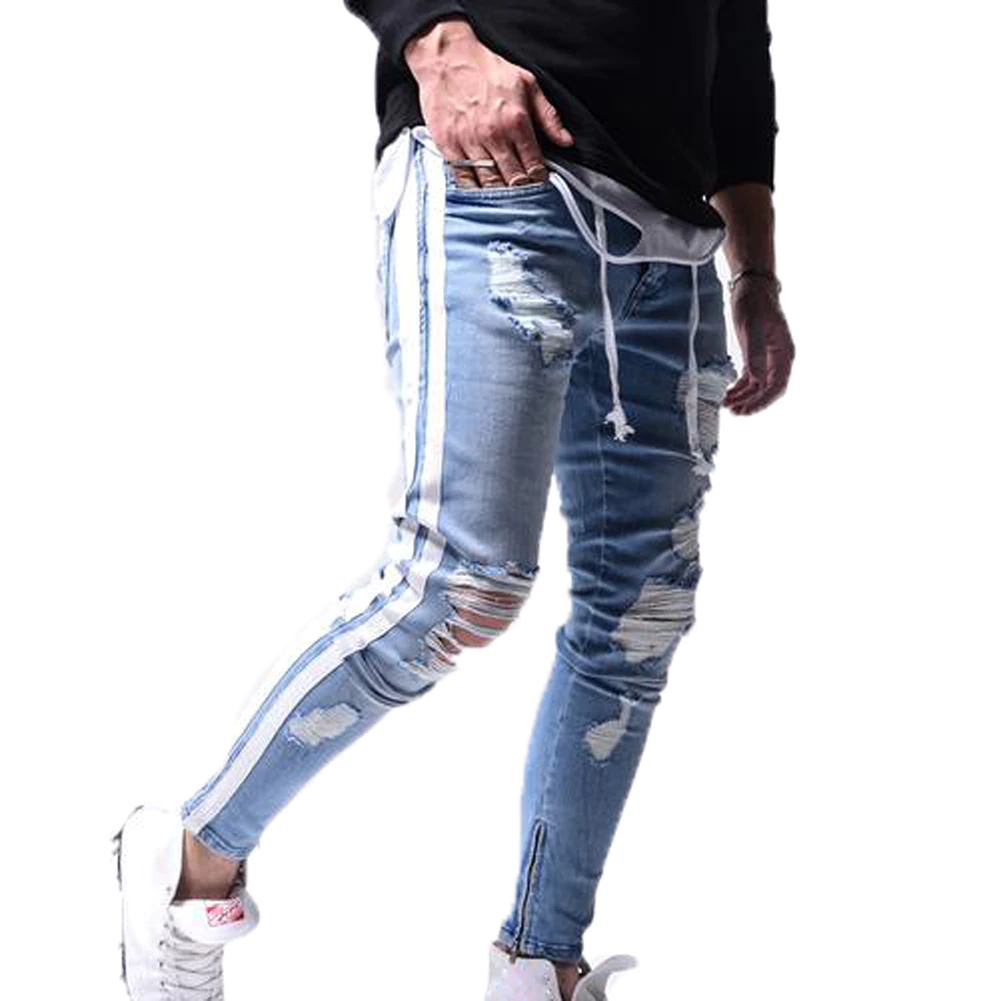 Trendy Men Skinny Jeans Biker Destroyed Frayed Fit Denim Ripped Denim Pants Side Stripe Pencil Pants Hip Hop Streetwear
