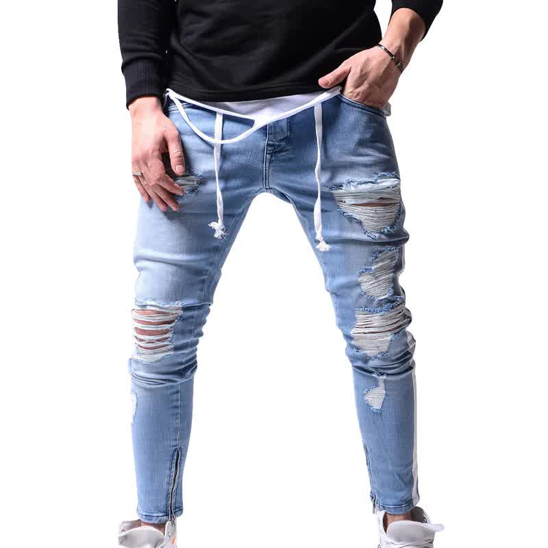 Men Stretchy Ripped Jeans Skinny Biker Zipper Slim Fit Jeans Destroyed Hole Taped Denim Scratched High Quality Jean