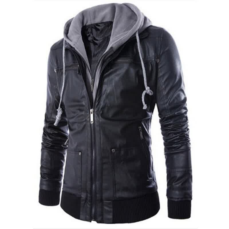 Men's PU Leather Jackets Casual Slim Fake Two Piec...