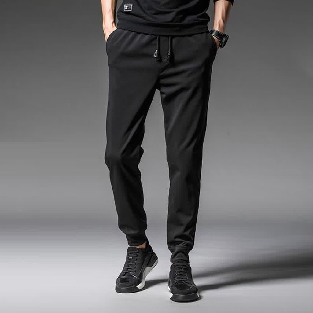Men Black Pants Fashion Solid Drawstring Pocket Sports Trousers Casual Beam Feet summer pants