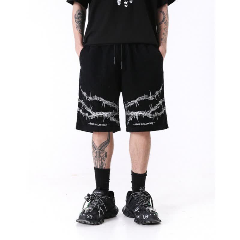 Men's Wear High Street Hip-hop Embroidery Black Personality Gothic Shorts Tide Knee Length Pants For Men High Qulity