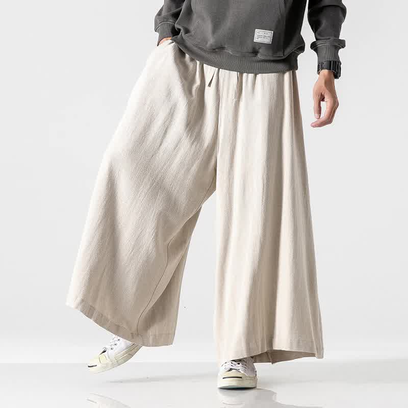 Autumn Causal Baggy Pants Chinese Style Draped Cotton Pants Mens Loose Traditional Wide Leg Pants Male