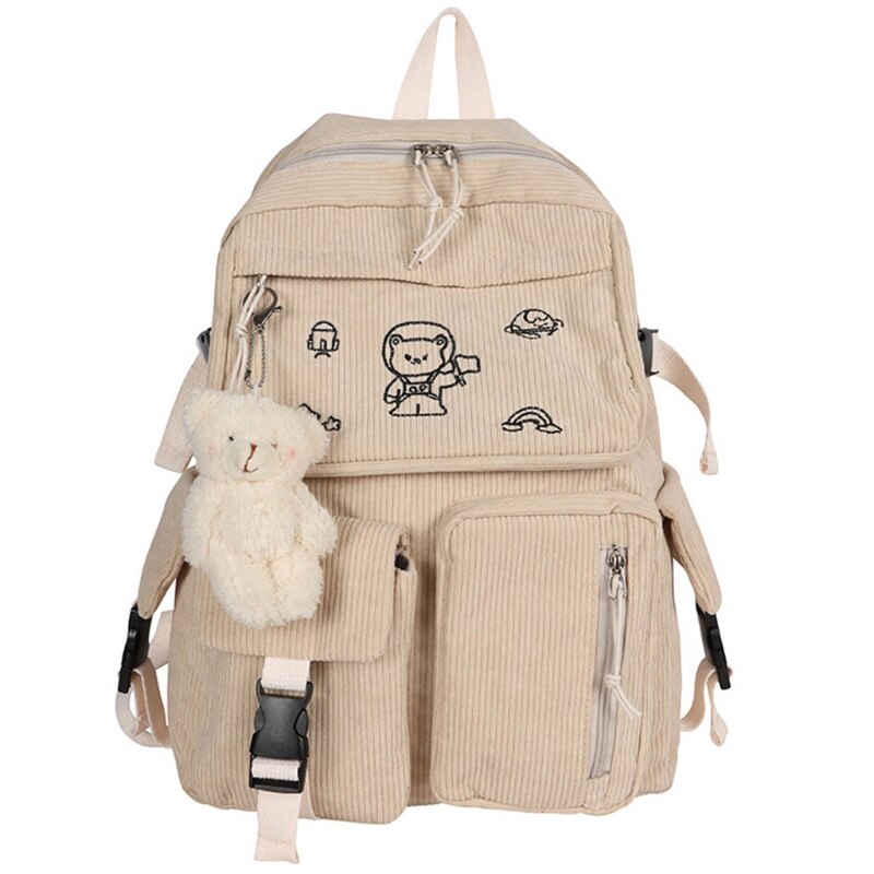 Cartoon Embroidery Corduroy Backpack Retro Solid Color Casual Daypack