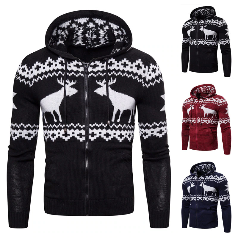Autumn Winter Cardigan Men's Sweater Men's Zipper Hooded Deer Christmas Sweater Casual Jacket Outwear Hoodies Free Shipping
