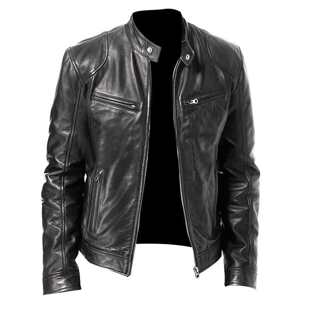 Chic Men Autumn Long Sleeve Stand Collar Faux Leather Zipper Motorcycle Jacket 