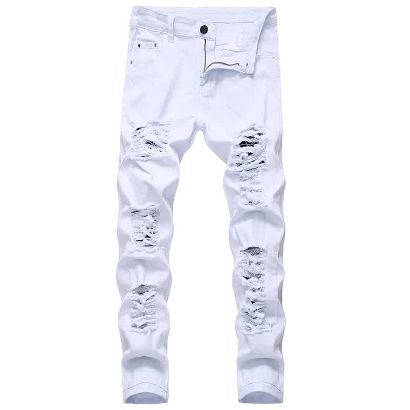 Men Ripped Jeans White Red Black Stretch Slim Fit Spring Autumn Pants