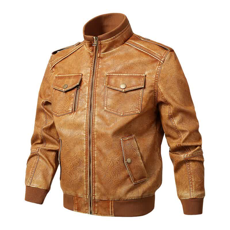 Men's Leather Jacket PU Leather Coat Brown Fall Casual Black Trench Coat