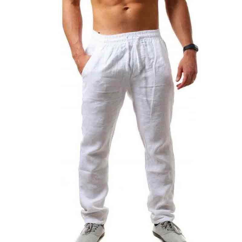 Solid Color Thin Style Men Cotton Linen Pants Full Length Drawstring Straight Loose Pants Summer Breathable Cozy Casual Trousers