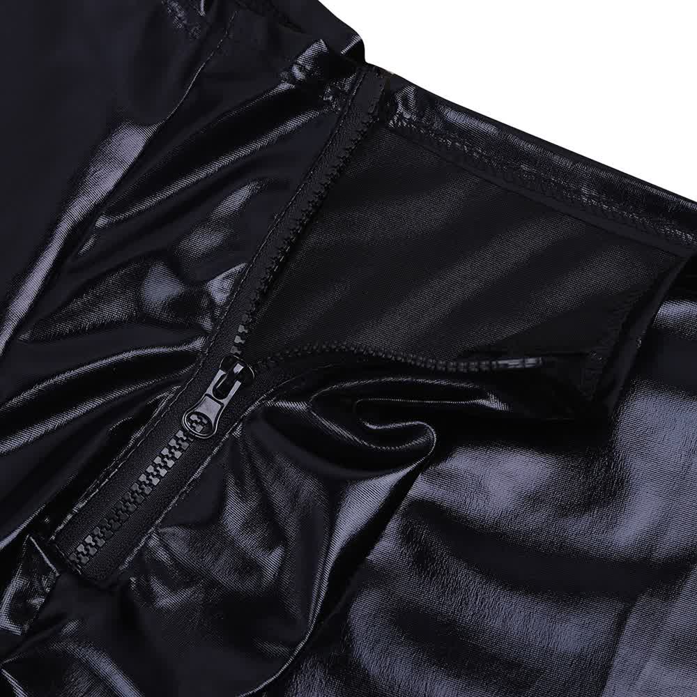 Black Mens Leather Zipper Bulge Pouch Tight Pants Leggings Trousers Sexy Clubwear Dancing Slim Cut Costumes