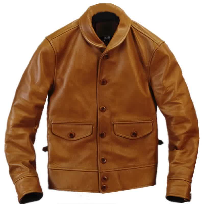 Casual Style Brown Fruit Collar Campus Batik Leather Jacket Genuine Leather Men