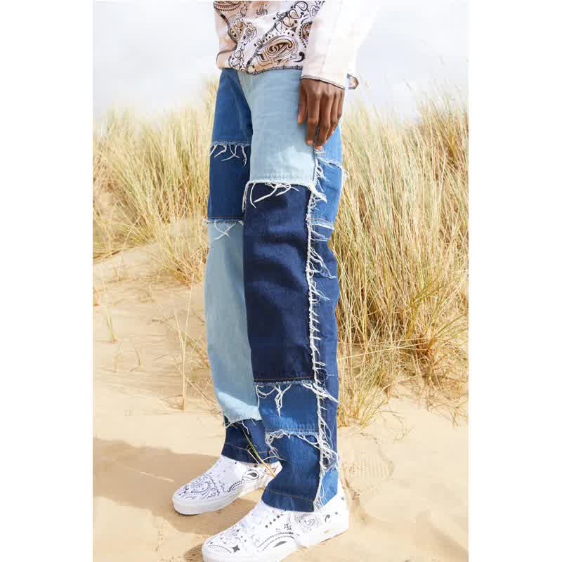 Men's Straight Jeans Trousers Wear Fashion Vintage Frayed Patchwork Color Block Denim Pants Men Trousers Ripped Bottoms