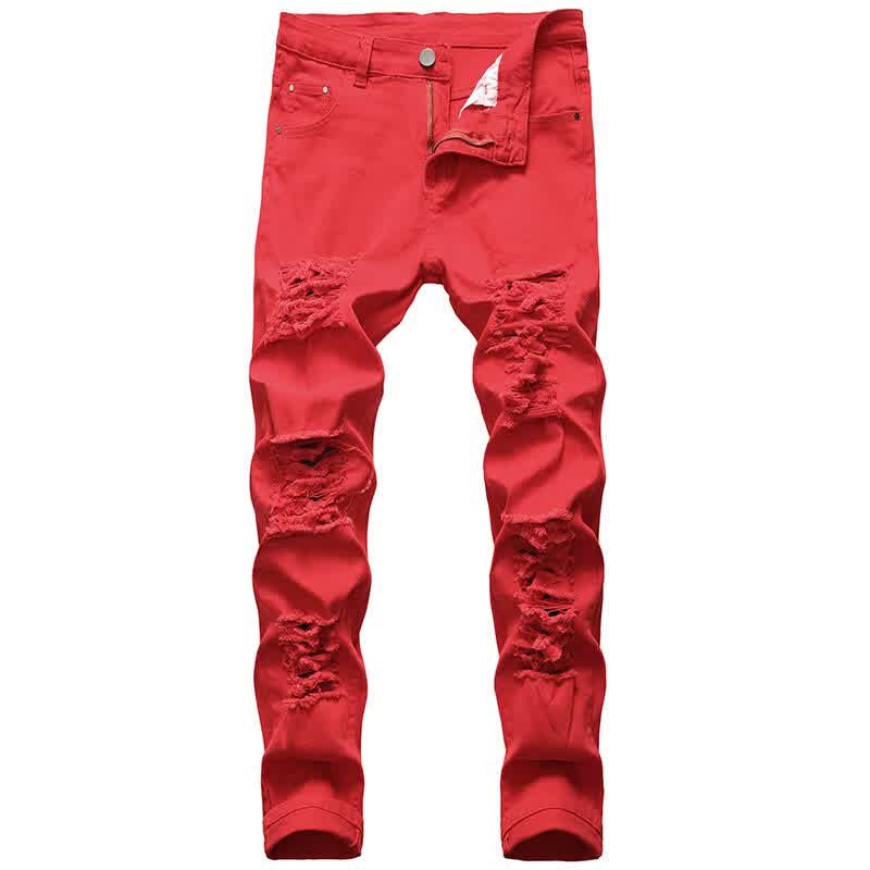 Men Ripped Jeans White Red Black Stretch Slim Fit Spring Autumn Pants