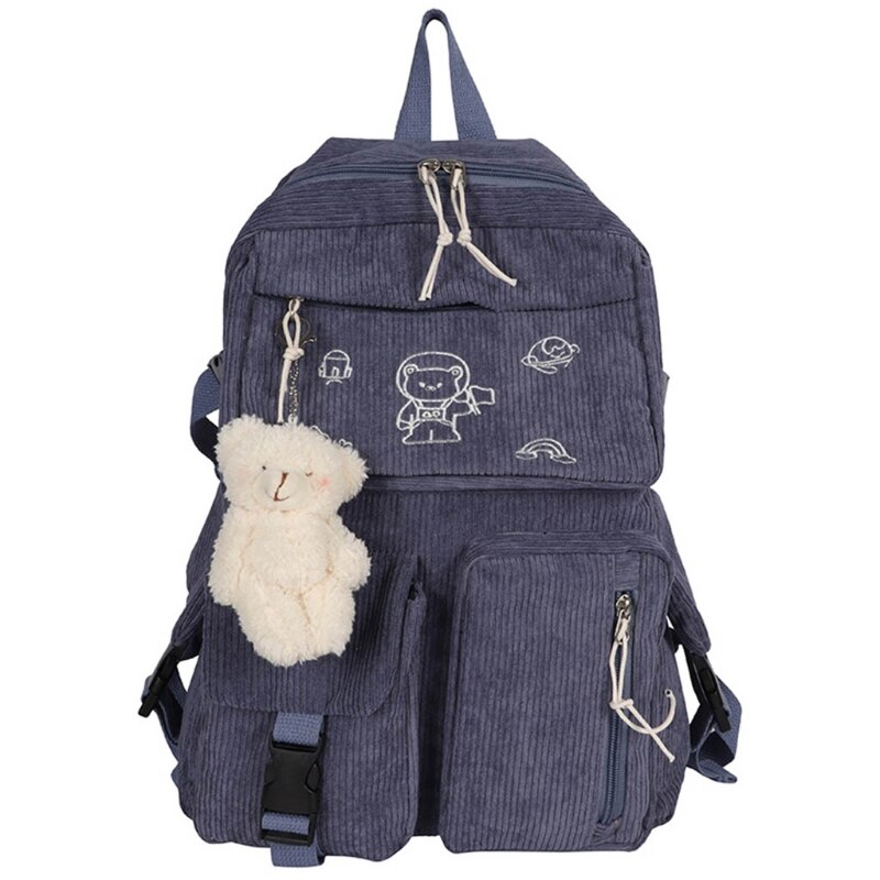 Cartoon Embroidery Corduroy Backpack Retro Solid Color Casual Daypack