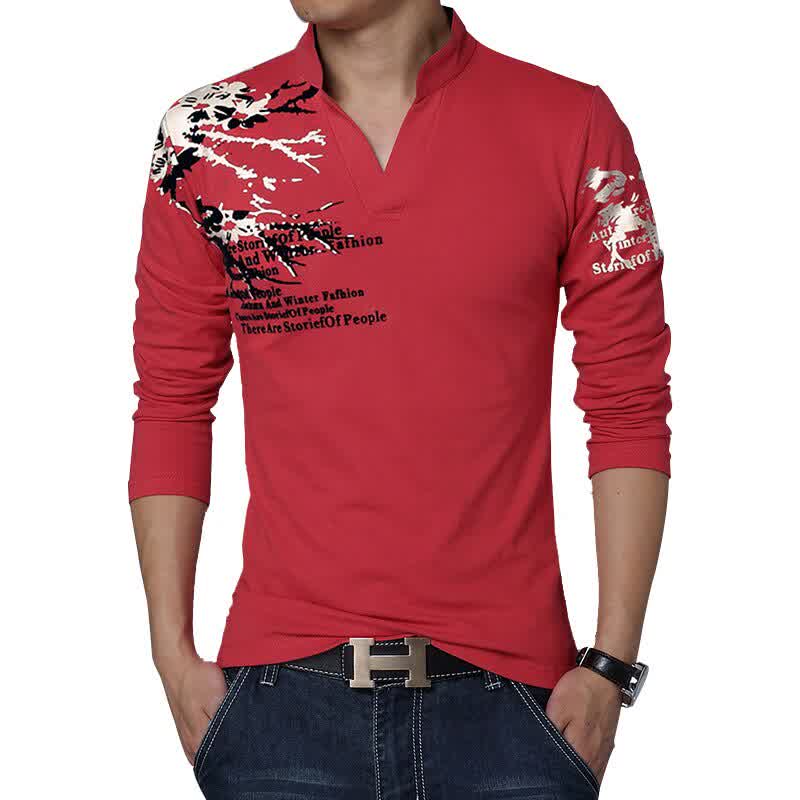 Hot Sale New Autumn Men's T Shirt Fashion Flower Print V Neck Long Sleeve T Shirt Mens Clothes
