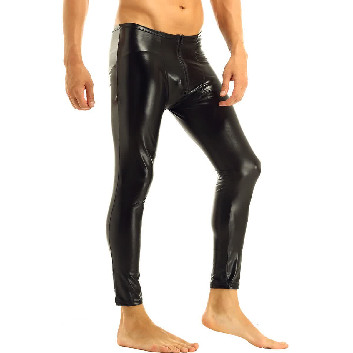 Black Mens Leather Zipper Bulge Pouch Tight Pants Leggings Trousers Sexy Clubwear Dancing Slim Cut Costumes