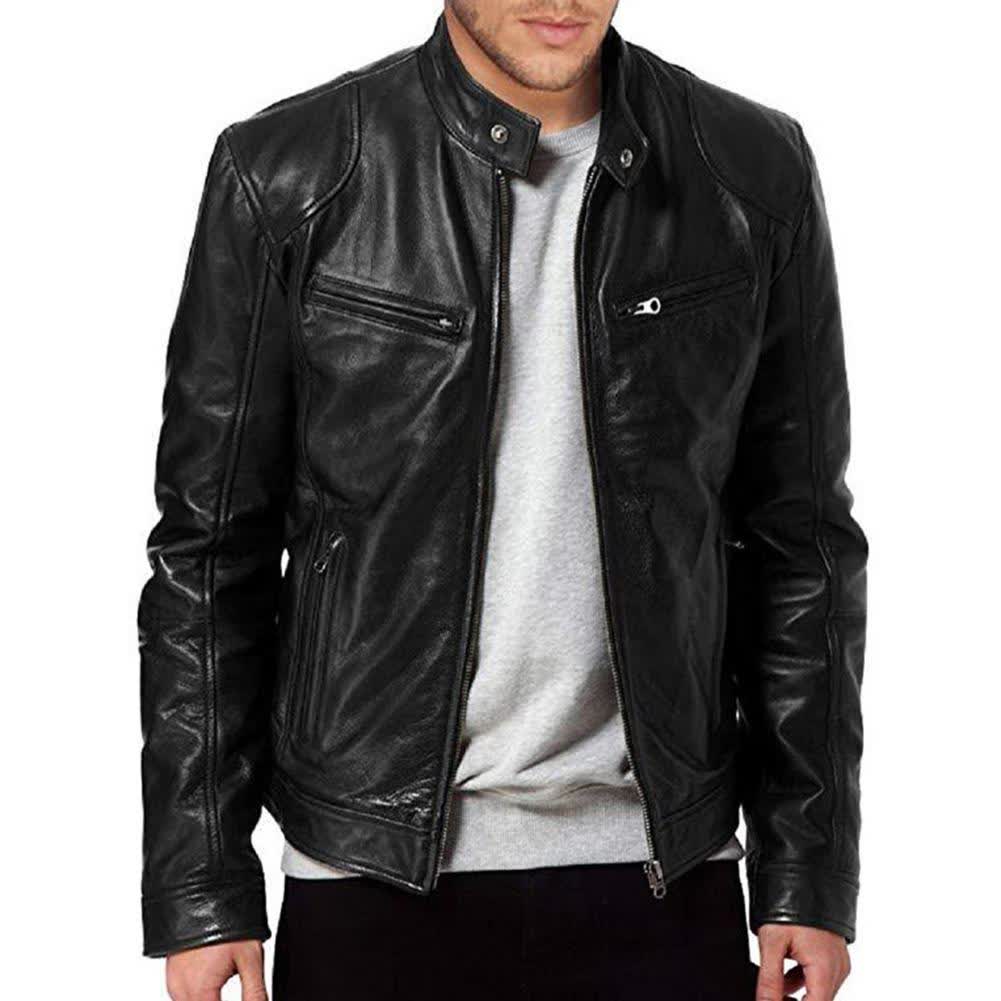 Chic Men Autumn Long Sleeve Stand Collar Faux Leather Zipper Motorcycle Jacket 