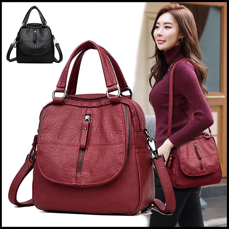 Leather Women's Backpack School Bag Casual Backpack For Girls Double Zipper Leisure Shoulder Bags New