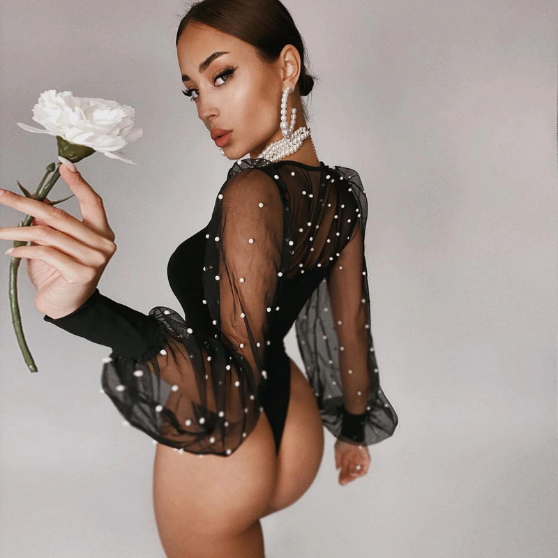 Sexy Pearl Mesh Puff Sleeve Bodysuit Women Tops See Through Skinny Bodycon Body Suit Rompers Basic Black Sexy Bodysuits