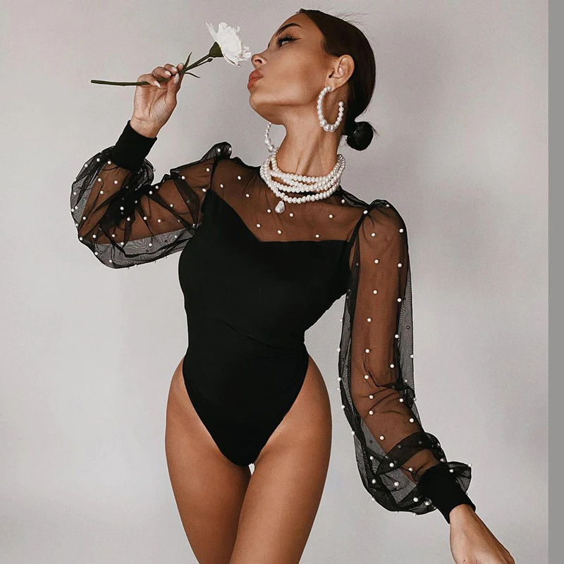 Sexy Pearl Mesh Puff Sleeve Bodysuit Women Tops See Through Skinny Bodycon Body Suit Rompers Basic Black Sexy Bodysuits