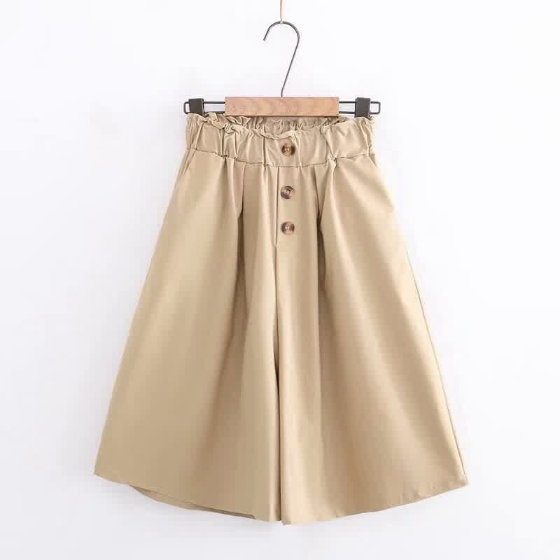   Summer Korean Style Cotton Wide Leg Capris Women Short Pants High Elastic Bud Waist Shorts Skirts Female