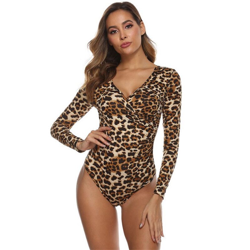 Fashion Women Leopard OL T Shirt Bodysuit Elegant Long Sleeve Bandage Romper Ladies Office Lady Body Top Leotard Streetwear