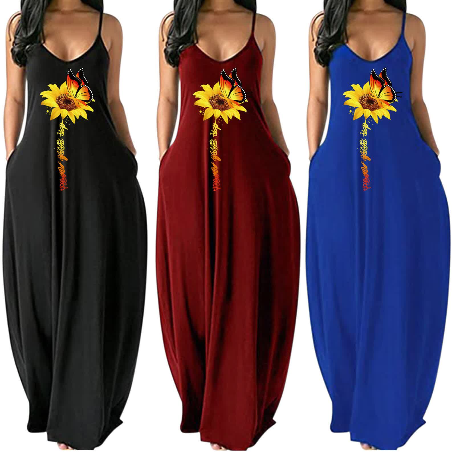 Women Printing Sleeveless Sling Maxi Dress Casual Sundress Beach Long Dress Fashion Loose Pocket Long Dress 