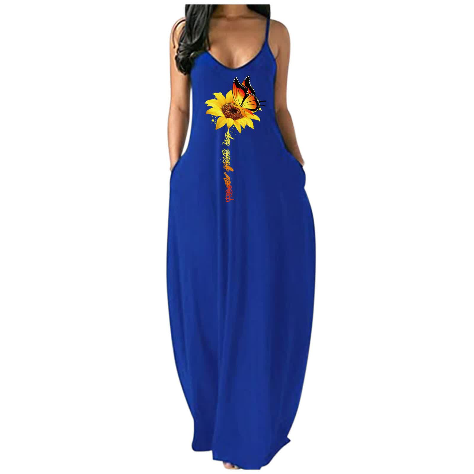 Women Printing Sleeveless Sling Maxi Dress Casual Sundress Beach Long Dress Fashion Loose Pocket Long Dress 