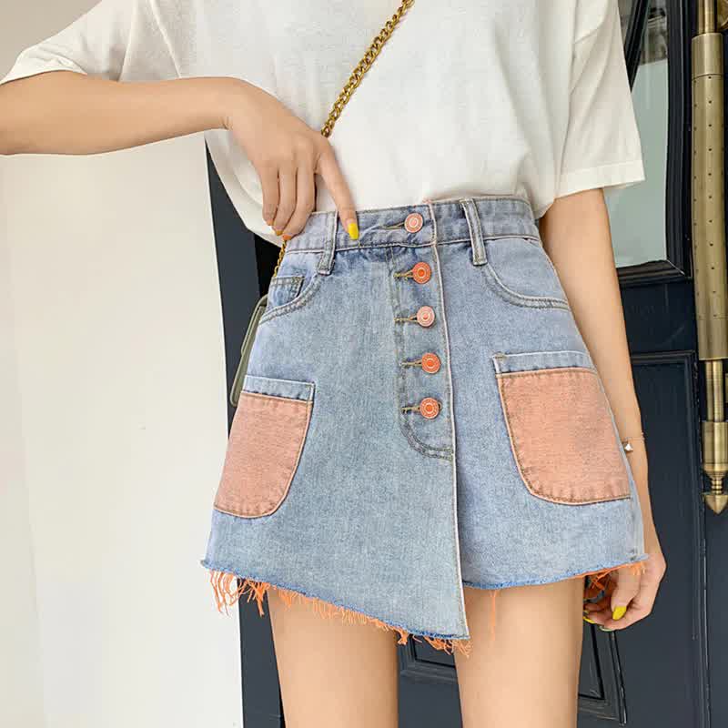  High Waist Denim Shorts Women   Summer Fashion Irregular Hem  Button Pocket Jeans Shorts Skirt Female Ladies