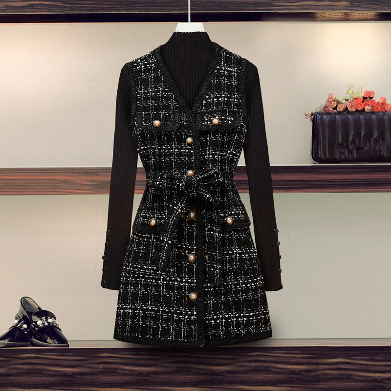   Women Tweed 2 Piece Set Winter Knitted Sweater Tops + Pearls Single Breasted Plaid Sashes V Neck Vest Dress Suit