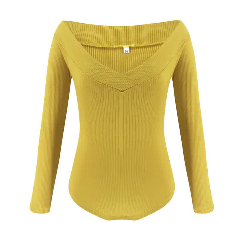Sexy Off Shoulder V-Neck Slim Bodysuit Office Lady Jumpsuits Long Sleeve Skinny Body Mujer Elegant Knit Yellow Women's Overalls