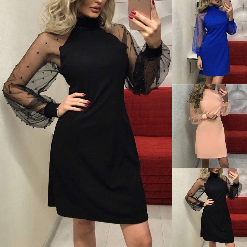 Đầm mùa thu mùa xuân cho phụ nữ Đầm màu trắng Beading Mesh Sleeve Dress Long Sleeve A-Line Mini Party Dress