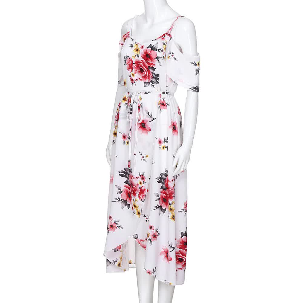 Off Shoulder Boho Dress Ruffle Beach Flower strap Summer Dress Floral Print Tunic Maxi Long Dresses