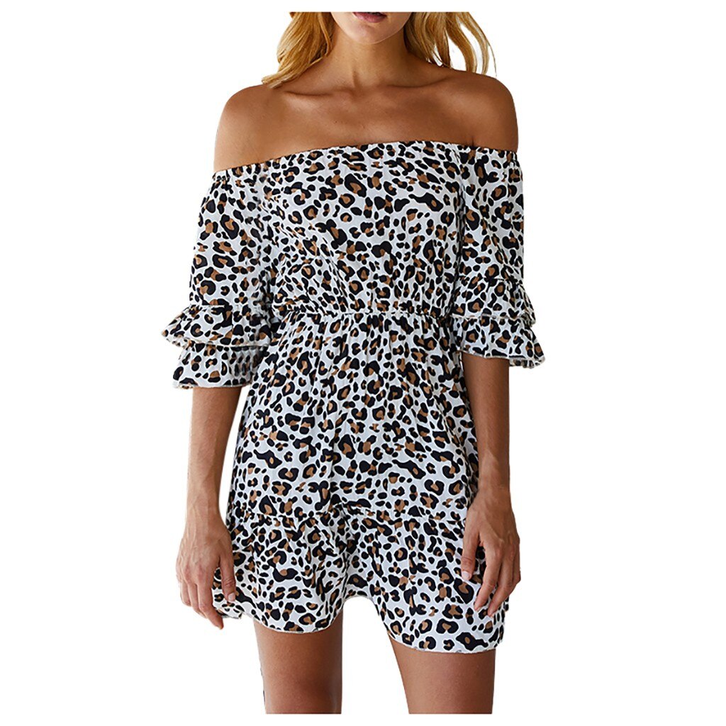 Women Leopard Print Off Shoulder Solid Color Slim Summer Clothing Ladies Rompers