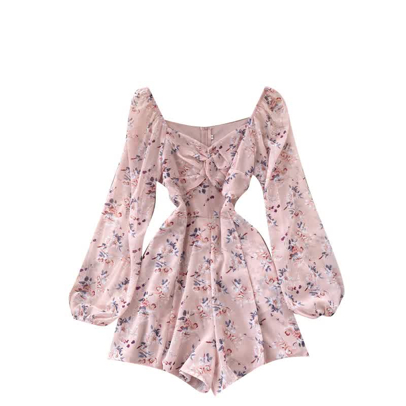 Autumn Jumpsuit V-neck Puff Sleeves Folds Slim Floral Wide-leg Rompers
