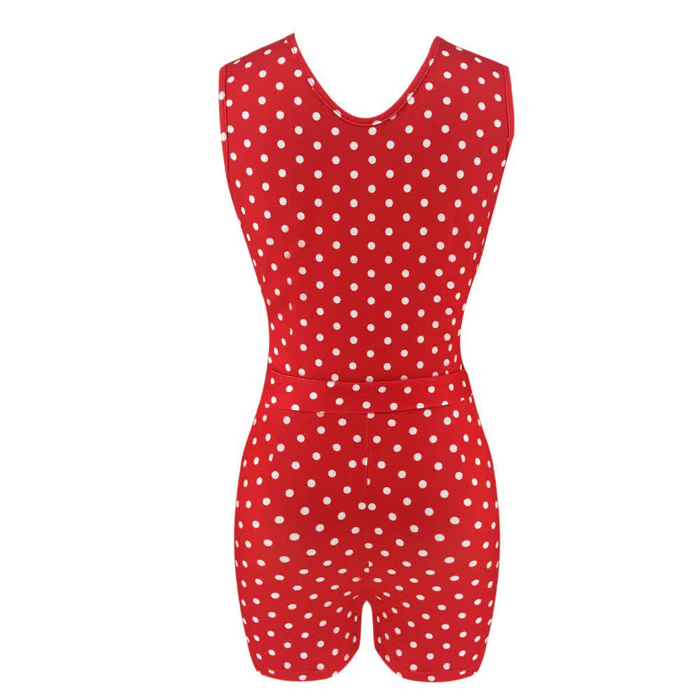 New Women Sexy Red Dot Jumpsuit For Summer With Sashes Package Hip Deep V-Neck Sleeveless Shorts Female New Sexy Jumpsuits
