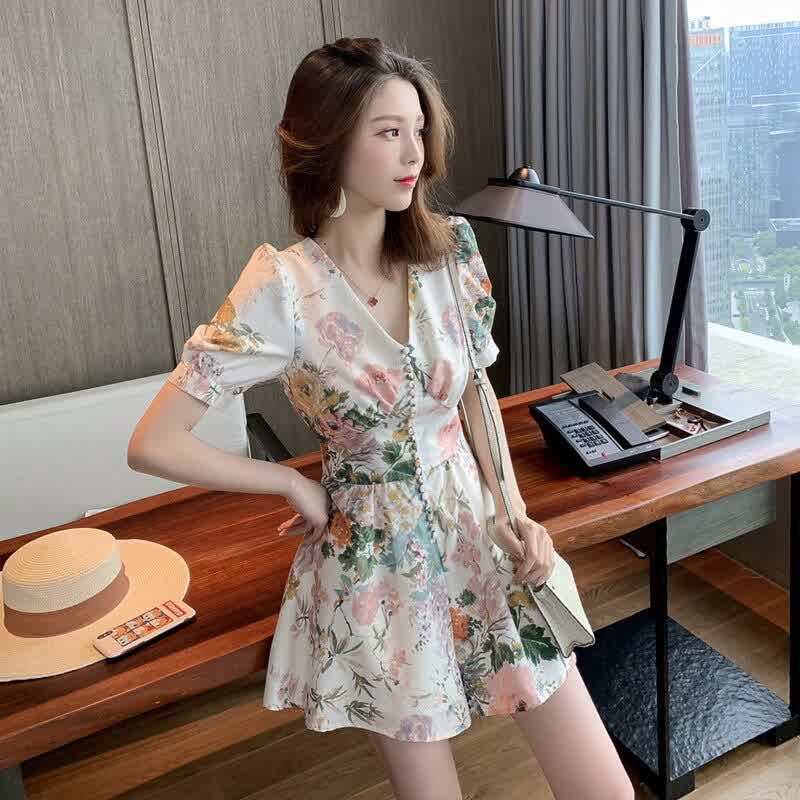   Summer Playsuit Women High Waist Vintage Sexy V-neck Floral Print Mini Jumpsuit Boho Puff Sleeve Overalls 