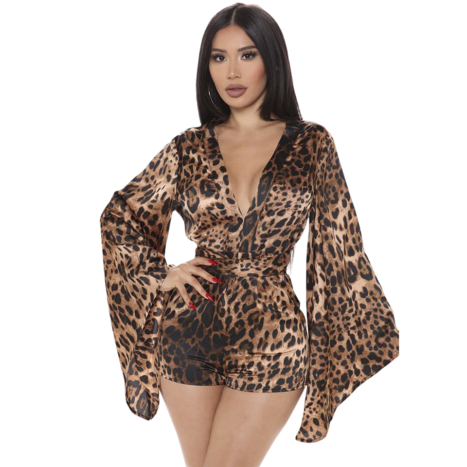Leopard Printing Women V-neck Lantern Sleeve Jumpsuits Sexy Skinny Flared Sleeve Short Rompers Autumn