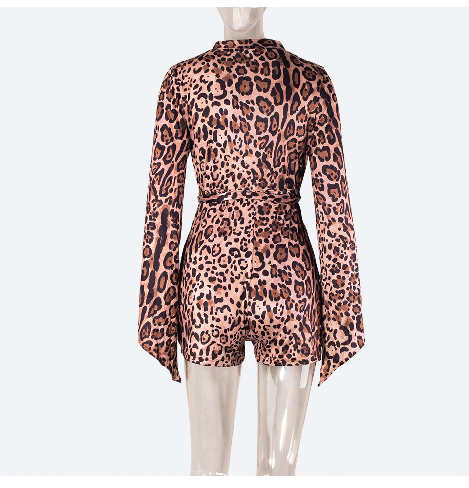 Leopard Printing Women V-neck Lantern Sleeve Jumpsuits Sexy Skinny Flared Sleeve Short Rompers Autumn