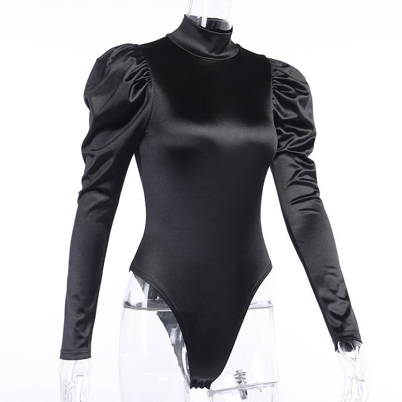 sexy bodysuit black turtleneck women jumpsuit puff long sleeve vintage slim tops