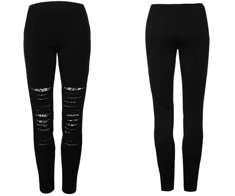  Women Solid Workout Leggings High Waist Lace Decoration Leggings Sexy Hole Knee Pencil Pant Slim Stretch Trousers