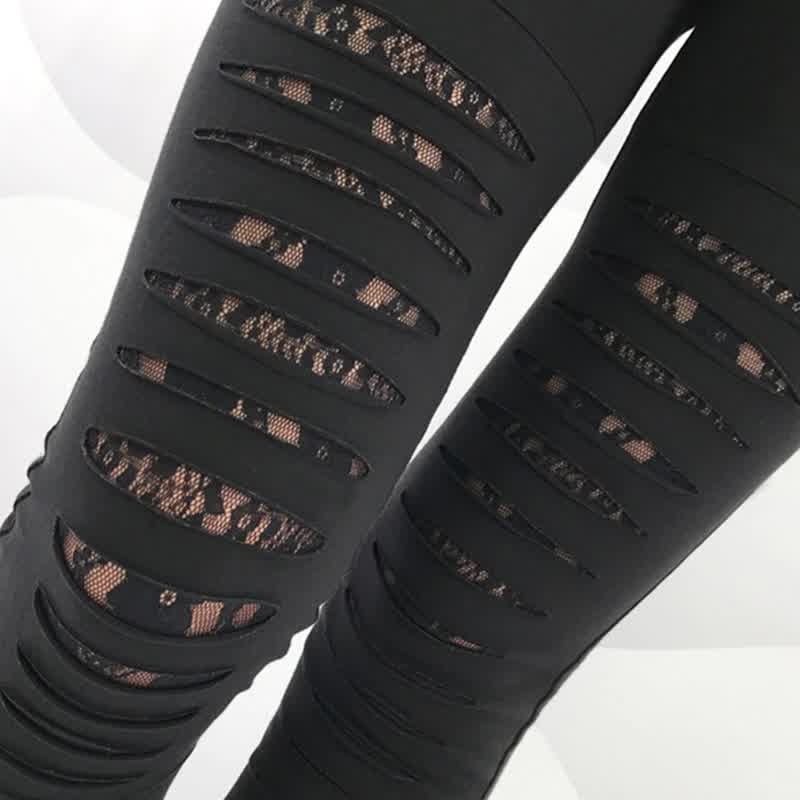  Women Solid Workout Leggings High Waist Lace Decoration Leggings Sexy Hole Knee Pencil Pant Slim Stretch Trousers
