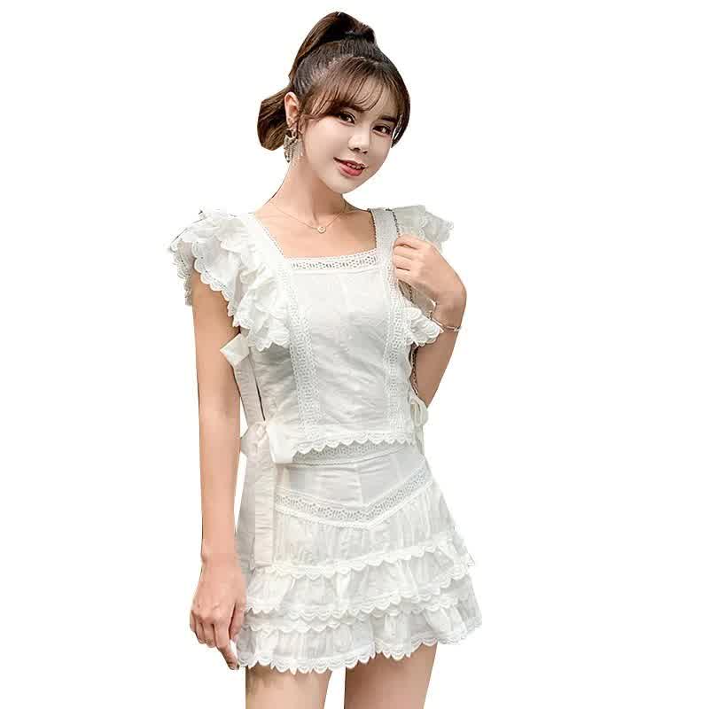 Summer Sexy Hollow Out Embroidery Lace Set Women's Suits Ruffles Short Sleeve Tops + White Mini Short Skirts 2 Piece Sets