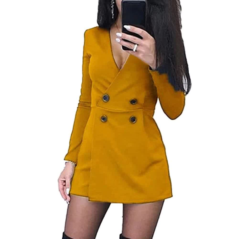  Women Solid Color Long Sleeve V Neck Double-breas...