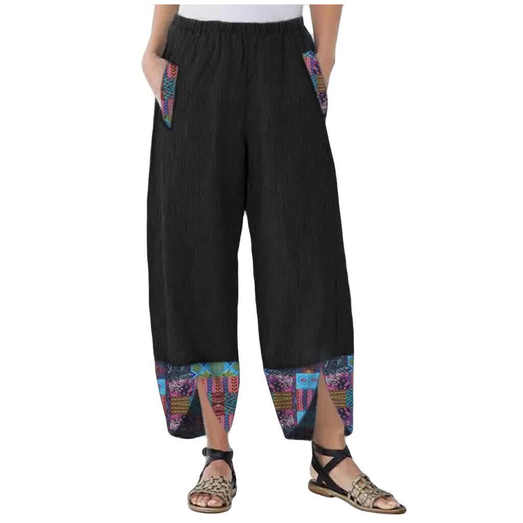 Women Cotton Linen Pants Loose Print Elastic Waist Irregular Plus Size Trousers Casual Wide Leg Pants 