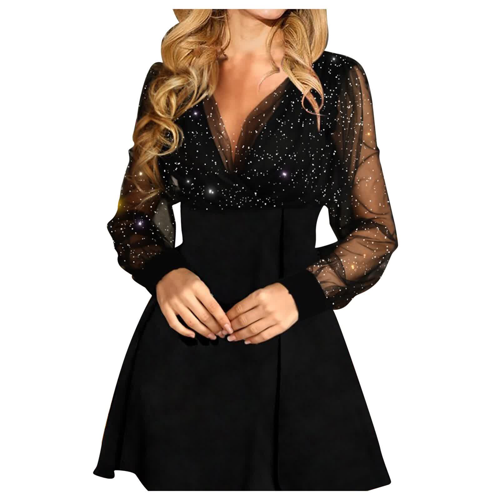 Fashion Dress Autumn Clubwear Party-out Women's Solid Color Sequins Long Sleeve A-line Party Dress