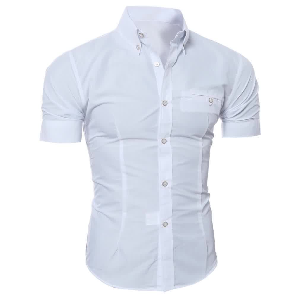 New Men's Casual Shirt Fashion Men Solid Color Buttons Down Shirt Short Sleeve Slim Lapel Tops