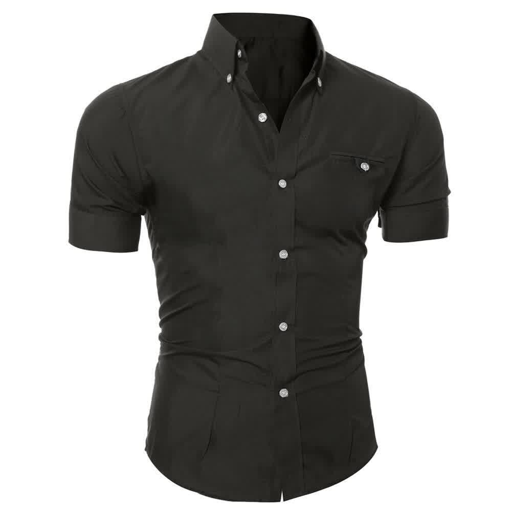 New Men's Casual Shirt Fashion Men Solid Color Buttons Down Shirt Short Sleeve Slim Lapel Tops