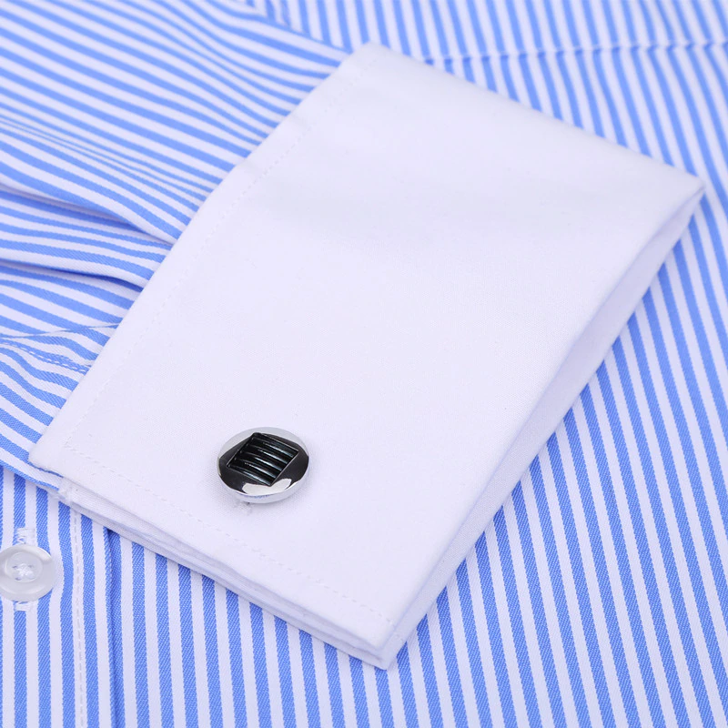 High Quality Striped For Men French Cufflinks Casual Dress Shirts Long Sleeved White Collar Design Wedding Tuxedo Shirt