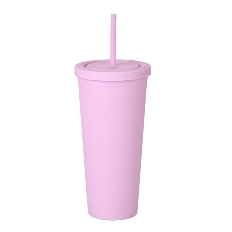 Reusable Double-layer Plastic Solid Color Coffee Cup With Lid Beer Mug Drink Fruit Tea Cup With Straw Travel Mug Drinkware